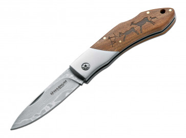 Magnum Messer Caveman Damast Damast-Klinge 8,2 cm, Backlock, Holzschale